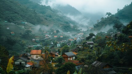 Poster - A serene mountain village blanketed in morning mist, with charming houses spread across lush green hills, encapsulating tranquility and natural beauty.