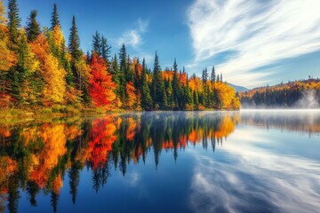 Poster - Autumn forest reflection in water. Colorful autumn morning in the mountains. Colorful autumn landscape. Autumn 