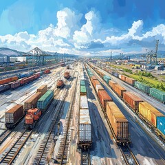 Artistic rendering of a cargo port where rail lines and roads meet, seamlessly connecting ships, trains, and trucks in a global supply chain Rail Roads Cargo, Global supply chain