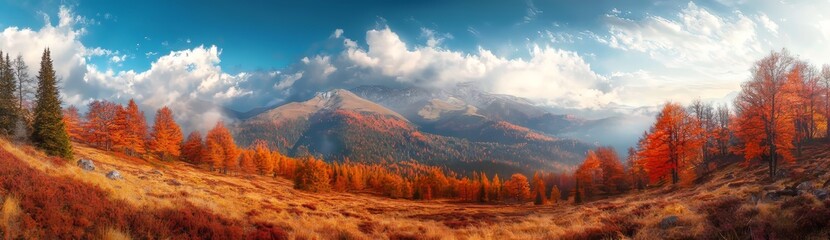 Sticker - Panorama of a colorful autumn forest and mountains