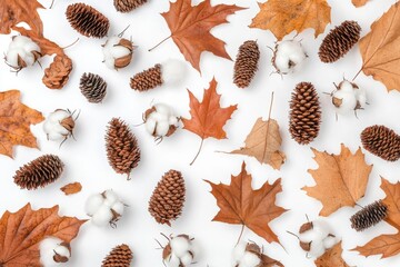 Poster - Composition made of eucalyptus branches, cotton flowers, dried leaves on white background. Autumn, fall concept. Flat lay, top view.