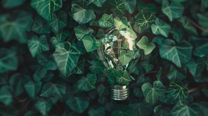 Canvas Print - An illuminated light bulb surrounded by lush green ivy leaves, representing the synergy between innovation and nature.