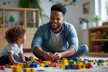 Wall Mural - Kindergarten teacher is sitting on the floor playing with building blocks with a child