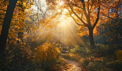 Poster - Fall Scene, Trees and Leaves Shining in the Sunlight