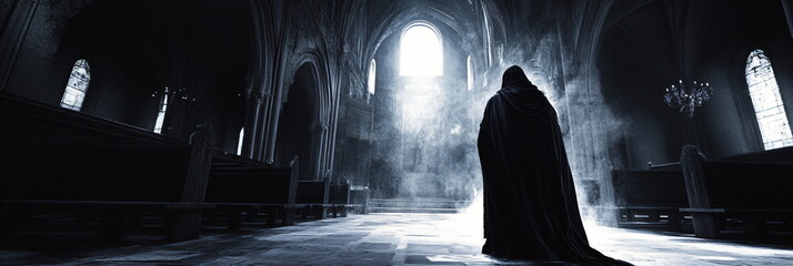 spooky figure with a cloak in a church
