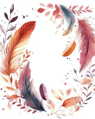 Watercolor wreath of feathers and leaves, perfect for invitations, cards, and more.