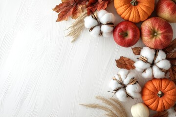 Poster - An autumn maple leaf on a white background with pumpkins and red berries. Thanksgiving day image.