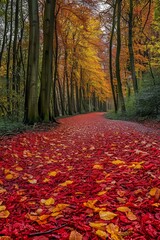 Canvas Print - Stunning autumn forest scenery. View of the mountain. Fall leaves on a bench. Footpath in the picturesque autumn forest scene. Brilliant october day in the colorful forest, maple autumn trees and the