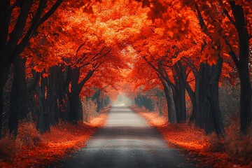 Poster - There is a lush vibrant orange yellow foliage on the tall trees in the distance and bright sunlight shining through the alley during the autumn