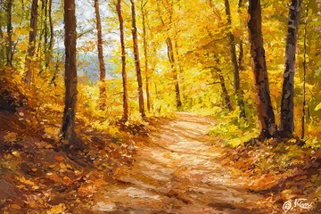 Poster - An autumn forest scene with a road of fall leaves and warm light illuminated by the gold foliage. Nature walk in a stunning autumn forest. Colorful autumn day in colorful forest with maple autumn