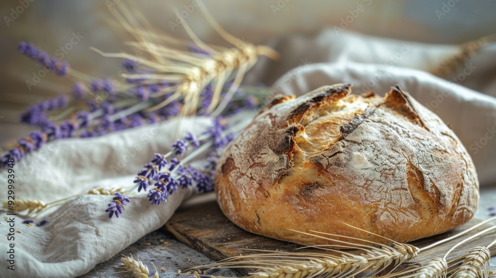 Rustic loaf of bread surrounded by lavender sprigs and wheat, evoking a ...