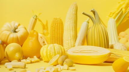 Poster - A vibrant display of yellow and orange produce arranged artfully against a sunny yellow background.