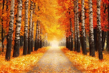 Poster - A golden autumn in a park with benches and paths.