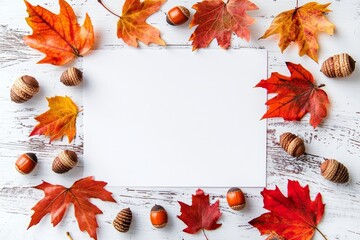 Poster - On a white background, there is a beautiful autumn composition with an empty card