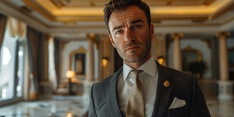 Poster - A male bank staff member standing in a lavish house, looking shocked. Generative AI.