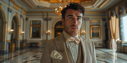 Poster - A male bank staff member standing in a lavish house, looking shocked. Generative AI.