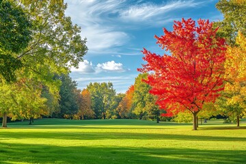 Poster - An autumn scene with red and yellow leaves in the sun. A beautiful autumn landscape with yellow trees and sun. Colorful foliage in the park, falling leaves.