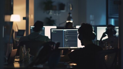 Sticker - Dimly lit room with people working on computers, their screens glowing in the otherwise dark surroundings, creating a focused and intense atmosphere.