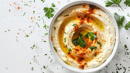 Wall Mural - A bowl of hummus with parsley and cilantro on top