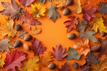 Aufkleber - This is an autumn composition of dried leaves on a table and other design accessories. It is a flat lay of a top view.
