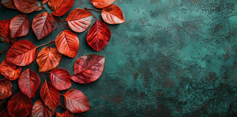 Poster - Top view of autumn background with colored red leaves on blue slate background. This image was generated by AI.