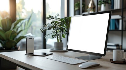 Poster - Workspace, Mockup computer PC isolated white screen on desk with smartphone, keyboard, mouse and working accessories. Generative AI.