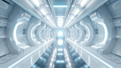 Poster - Futuristic white and blue sci-fi interior with glowing lights, futuristic background design for digital art