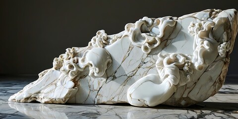 A large white stone sculpture with a lot of detail and a lot of white