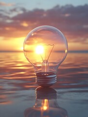 Poster - glowing light bulb at sunrise symbolizing new ideas and growth