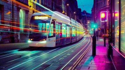Naklejka na meble A sleek tram moving through a vibrant city street at night, with colorful lights and motion blur adding dynamism.