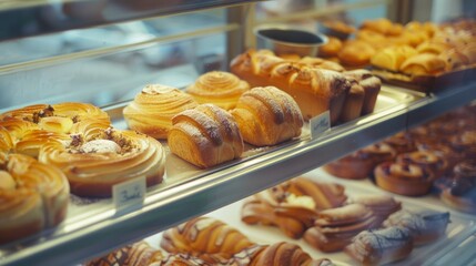 Wall Mural - An array of assorted pastries and baked goods in a display case, highlighting the variety and richness of bakery delights.