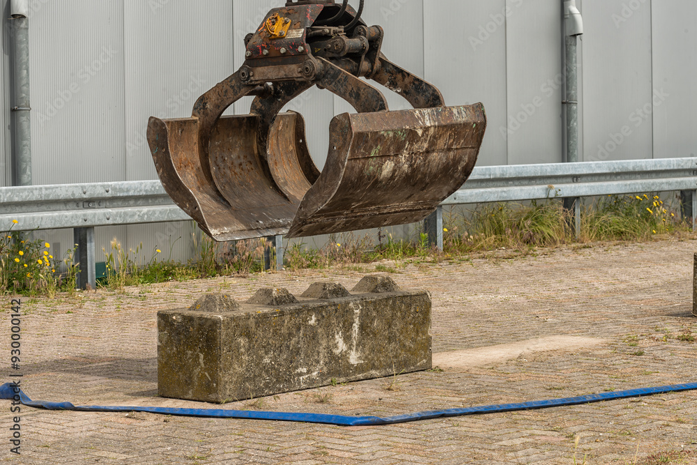 steel sorting bin of a demolition machine hangs above a concrete block