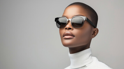 Wall Mural - A fashionable woman wearing black square sunglasses, showcasing a high-contrast look with a white turtleneck, exuding modern sophistication.