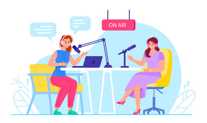 Fototapete - Radio talk show. Broadcast studio live interview, woman presenter in headset listen guest audio speaker record voice in microphone, online conversation vector illustration