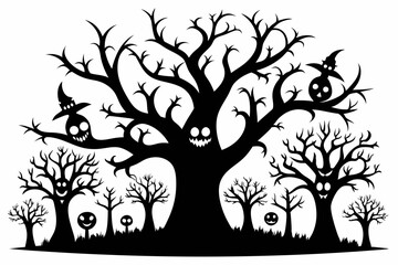 haunted trees silhouette collection of Halloween vector illustrations on white background. scary plant element