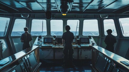 Wall Mural - Sailors working on the bridge of a ship, surrounded by navigation controls, and a vast ocean view through wide windows, showcasing maritime life.