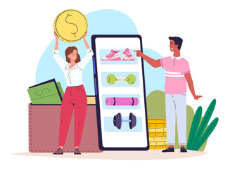 Fototapete - Sport store online. Fitness internet store in smartphone mobile app, ecommerce customer or assistant choosing goods footwear gym equipment, phone bueyer vector illustration
