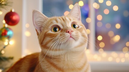 Poster - A cat looking up at the camera with a christmas tree in background, AI