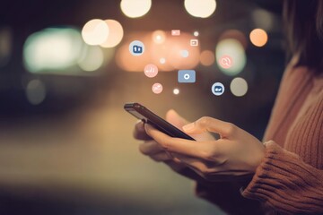 Close-up of woman's hands using a mobile phone with floating social media icons, representing digital communication, social networking, and online engagement with a blurred background.