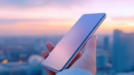 Poster - A person holding a phone in their hand with the city skyline behind them, AI