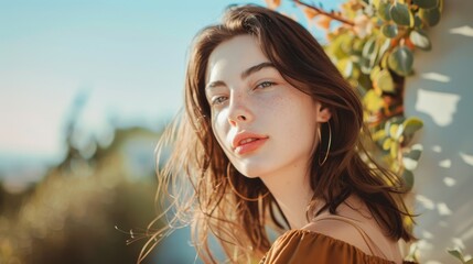 A young woman in casual attire enjoys the warm sunlight outdoors, with greenery and nature creating a serene background.