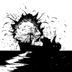 Ship Explosion Silhouette Vector Art Illustration