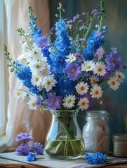 Poster - A beautiful arrangement of delphinium and daisies in a glass vase on a table, with soft colors of blue, purple and white. Generative AI.