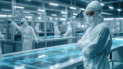Poster - A futuristic high-tech laboratory with workers in white hazmat suits, working on advanced technology and holographic displays, inside an industrial building. Generative AI.