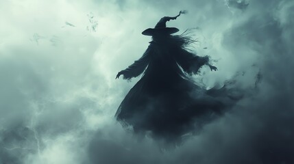 A dark fantasy illustration mysterious figure of the witch, floating in the dark.