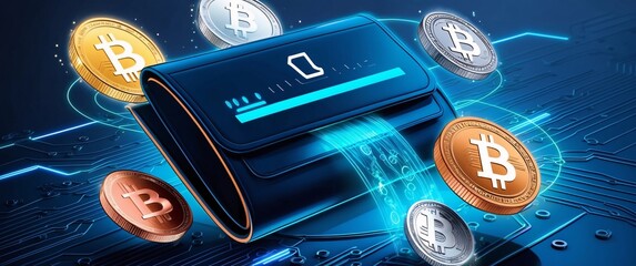 A vibrant, futuristic illustration of digital coins flowing into a sleek, modern digital wallet, symbolizing cryptocurrency integration and financial innovation, set against a dark blue background