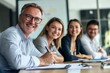 © 为轩 张 - Happy businesspeople at a conference table, smiling and looking at the camera. A man with glasses takes notes on a board during a casual meeting or training session. Studio lighting used.