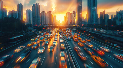 Poster - Urban traffic on high-speed roads, skyscrapers, sunset during rush hour, car traffic, blurring during long exposure of the entire background except sunset. Generative AI.