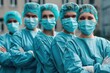 © Minerva Studio - Group of medical professionals wearing protective surgical masks and scrubs, confidently standing with arms crossed, demonstrating teamwork and dedication in a healthcare setting