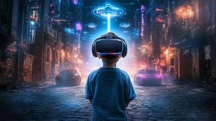 Poster - Game and entertainment in the future digital era, teenager having fun wearing VR virtual reality goggles on a futuristic neon colored backdrop.